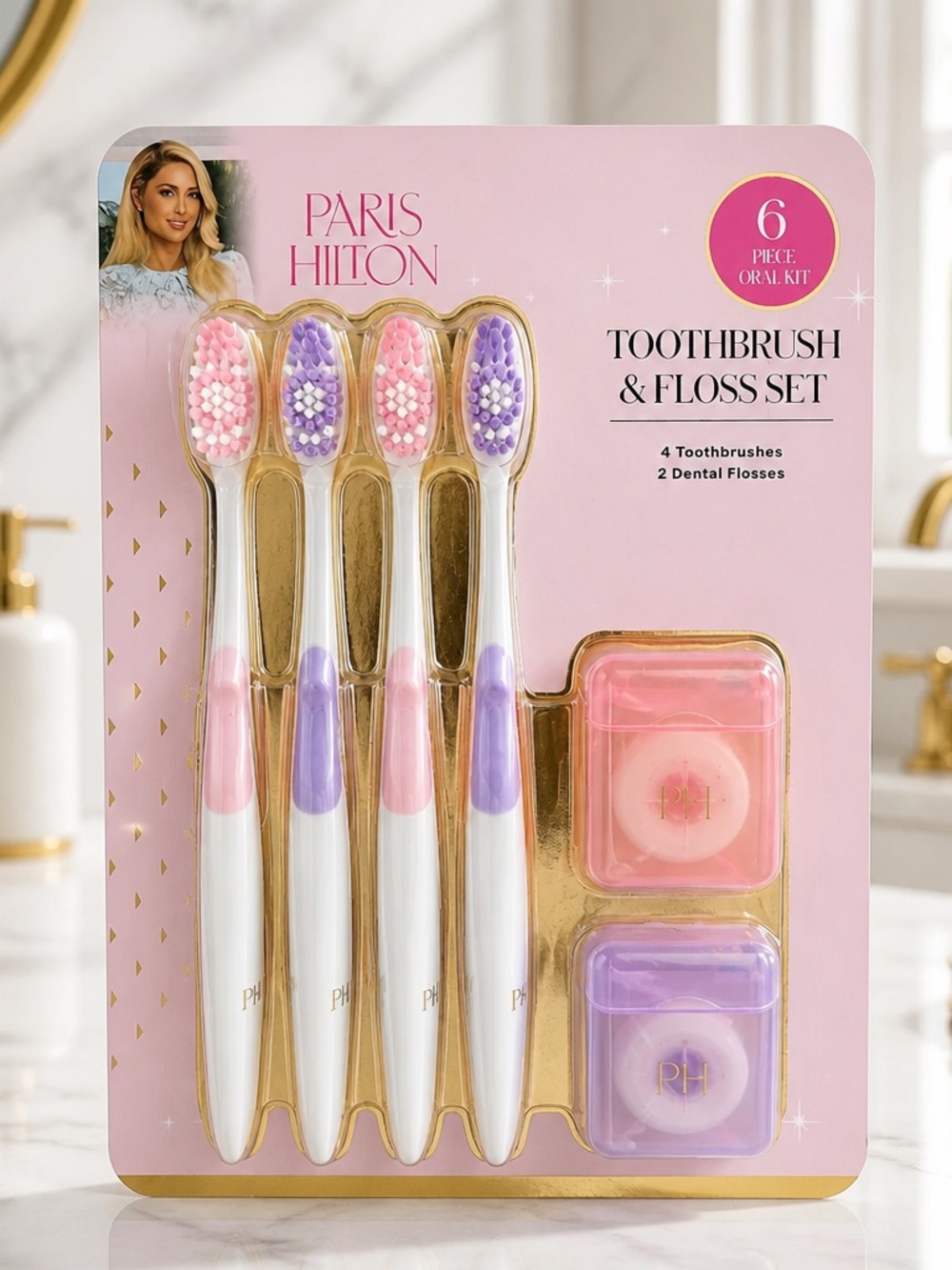 Paris Hilton 6-Piece Toothbrush & Floss Oral Care Set Pink & Purple New